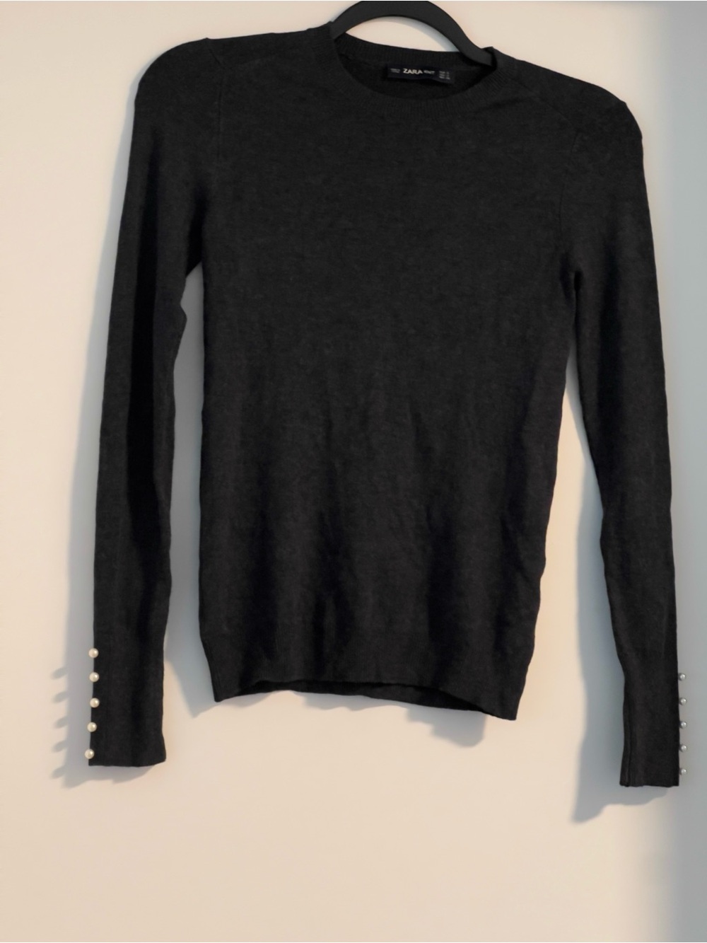 ZARA Black Crewneck Sweater with Pearl Cuff Buttons